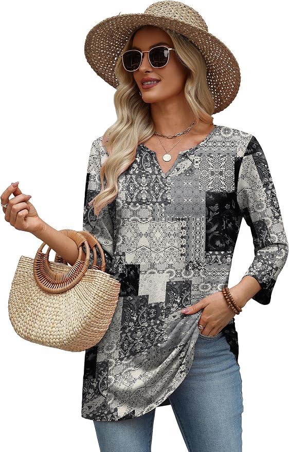 OFEEFAN Summer Boho Tops For Women 3/4 Length Sleeve Womens Tops Vacation Outfits