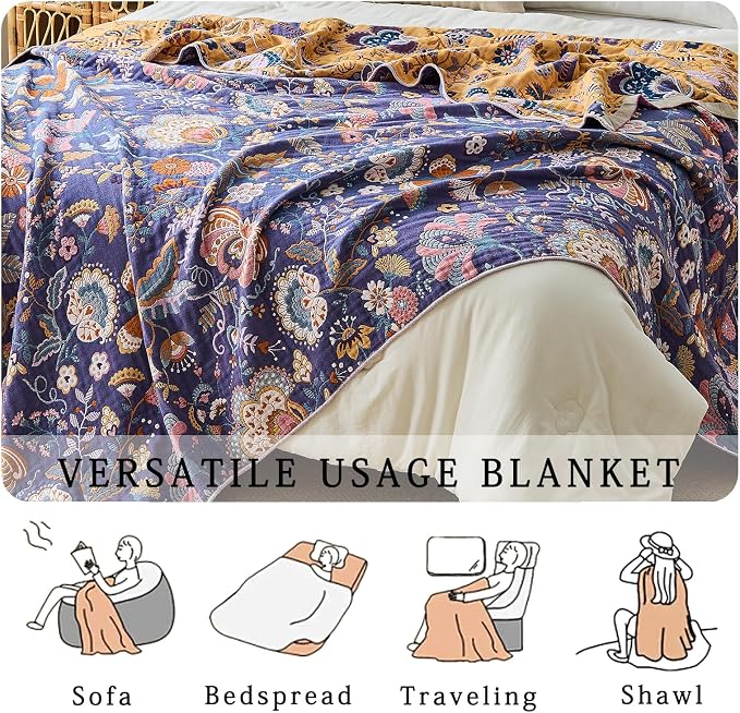 Boho Throw Blanket Farmhouse Decor Throw Blanket Bohemian Blanket for Bed 100% Cotton Muslin Woven Couch Blanket All Seasons Quilt Bedroom (H-Purple, 80"x90")