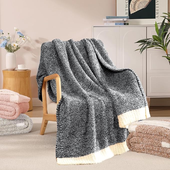Soft Twin Blanket for Bed-Cozy Warm Reversible Knitted Blankets | Lightweight Fluffy Decor for Women, Mom, Her & Girls, Sofa, Chair, Couch, 60x80in,Cationic Dyeing Black