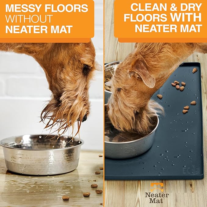 Neater Pet Brands Neater Mat Pet Mats for Food and Water, Cat & Dog Bowl Mat Waterproof Silicone, Feeding Tray, Dog Food Mats for Floors, Placemat w/Raised Edge for Under Bowls, 16” x 10”, Slate Blue