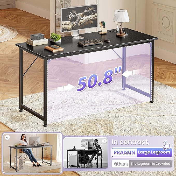 PRAISUN 55 X 20 Inch Computer Desk, Power Outlets, USB-C, Black | Office Desk with 4 AC Outlets, USB & USB-C, Sturdy Metal Frame, Spacious Desktop for Work, Writing, Study & Gaming