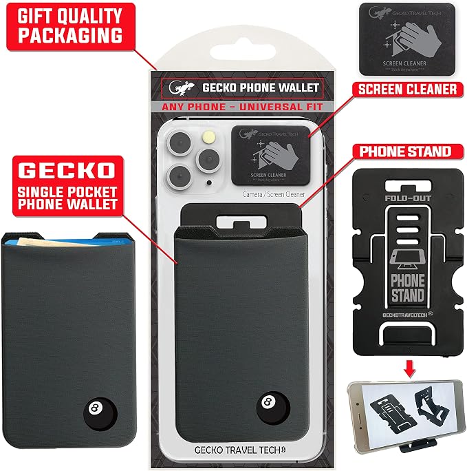 Phone Wallet - Adhesive Card Holder - Cell Phone Pouch - Stick on Lycra Pocket by Gecko - Carry Credit Cards and Cash