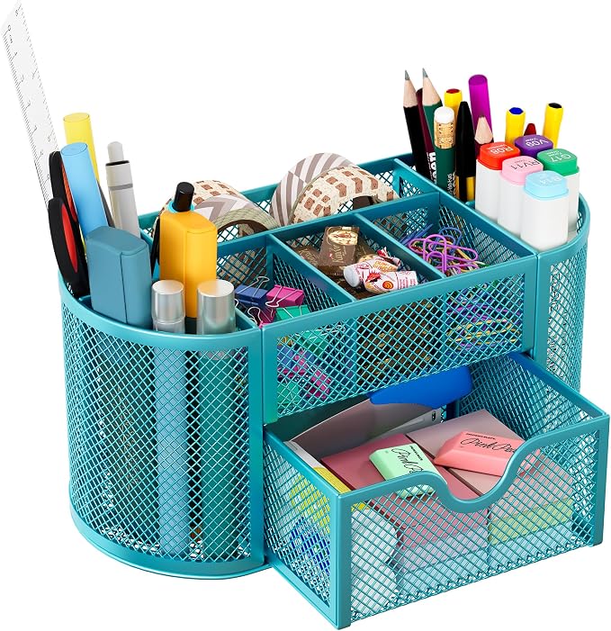 EasyPAG Mesh Pen Holder Desk Organizer with Drawer Stationery Supplies Organizer for Dorm School 9 Compartments Workspace Desk Accessories Organization for Office, Blue
