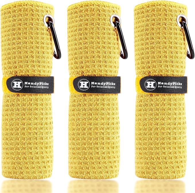Handy Picks Microfiber Golf Towel (16" X 16") with Carabiner Clip, Waffle Pattern Golf Towel Hook and Loop Fastener - The Convenient Golf Cleaning Towel