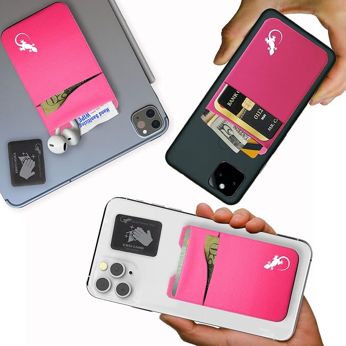Gecko Travel Tech Double Pocket - Adhesive Card Holder - Cell Phone Pouch - Stick on Spandex Pocket - Carry Credit Cards and Cash (PINK-WHITE)