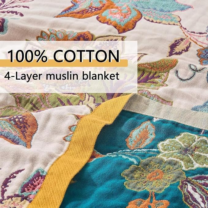 Boho Throw Blanket Farmhouse Decor Throw Blanket Bohemian Blanket for Bed 100% Cotton Muslin Woven Couch Blanket All Seasons Quilt Bedroom (B-Beige, 90"x98")