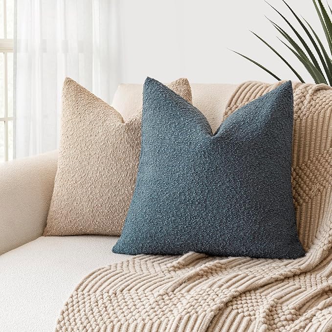 Foindtower Pack of 2 Modern Textured Boucle Throw Pillow Covers Accent Solid Decorative Pillow Cases Cozy Woven Couch Cushion Case for Chair Sofa Bedroom Living Room Home Decor, 20 x 20 Inch,Blue