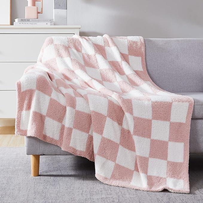 Soft Checkered Throw Blanket for Couch-Cozy Warm Knitted Blankets | Lightweight Warm Fluffy Decor for Women, Mom, Her & Girls, Sofa, Chair, Bed, 50x70in, Pink