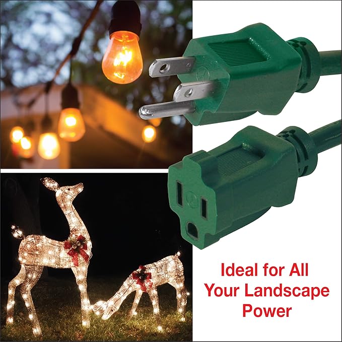 Clear Power Outdoor Extension Cord - 9 FT, Green | Lawn & Garden, 16/3 SJTW, Water & Weather Resistant, Flame Retardant, 3 Prong Grounded Plug, Perfect for Christmas and Holiday (CP10196)