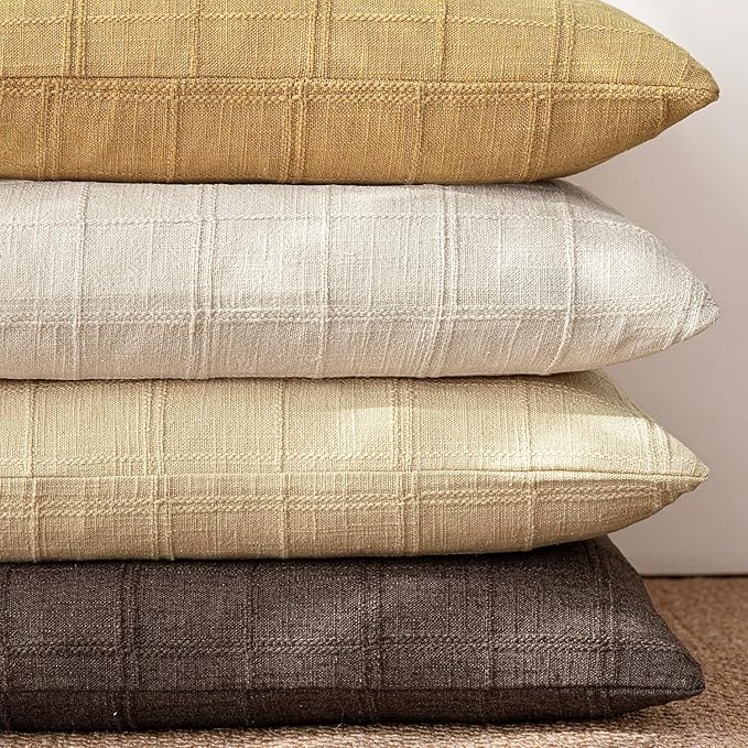 Foindtower Set of 2 Decorative Linen Check Throw Pillow Covers Neutral Farmhouse Vintage Cushion Covers Modern Coastal Boho Home Decor for Sofa Chair Couch Bedroom Living Room,26×26 Inch,Light Yellow