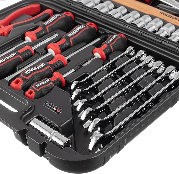 INTERTOOL Metric Tool Set, 56-Piece, 1/4” & 1/2” Drive Sockets, Wrenches, Screwdrivers, Bits, Pliers, Hammer, Car, Home, Repair, Mechanic Kit, DIY, Gift ET08-8056