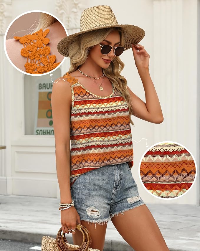 OFEEFAN Tank Top for Women Loose Fit Crew Neck Sleeveless Shirts Strap Lace Camisole Chiffon Summer Tops Curved Hem