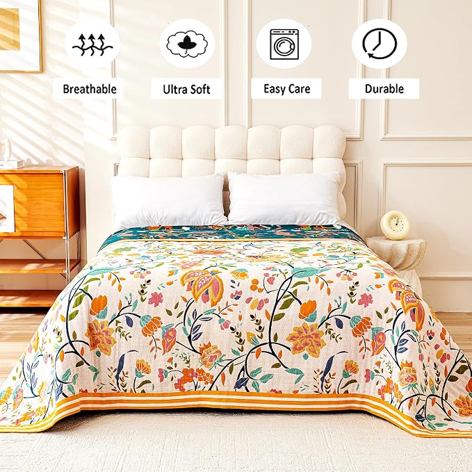 VANJOROY Boho Throw Blanket, 100% Organic Cotton Breathable Ultra Soft 91" x 108" King Bed Quilt Throw - All Season Floral Rustic Farmhouse Decor Luxury Blanket for Sofa Couch Chair and Gift