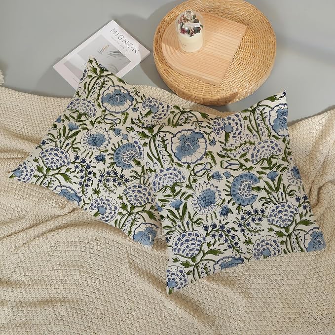 Boho Navy Blue Pillow Covers 20x20 Inch Set of 2 Blue Sage Green Floral Throw Pillows Vintage Flower Outdoor Decorative Pillow Cases Farmhouse Linen Cushion Cover Decor for Couch Sofa Decor