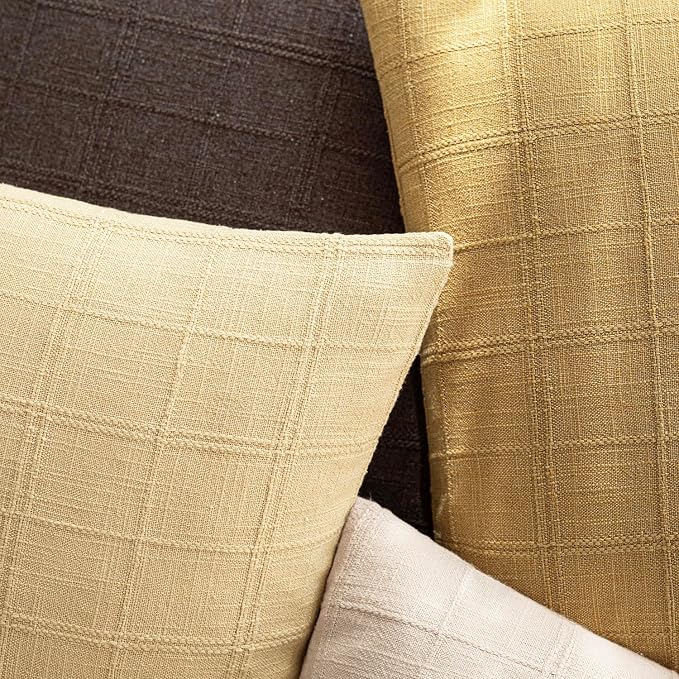 Foindtower Set of 2 Decorative Linen Check Throw Pillow Covers Neutral Farmhouse Lumbar Cushion Covers Modern Boho Accent Home Decor for Sofa Chair Couch Bedroom Living Room,12×20 Inch,Amber Gold