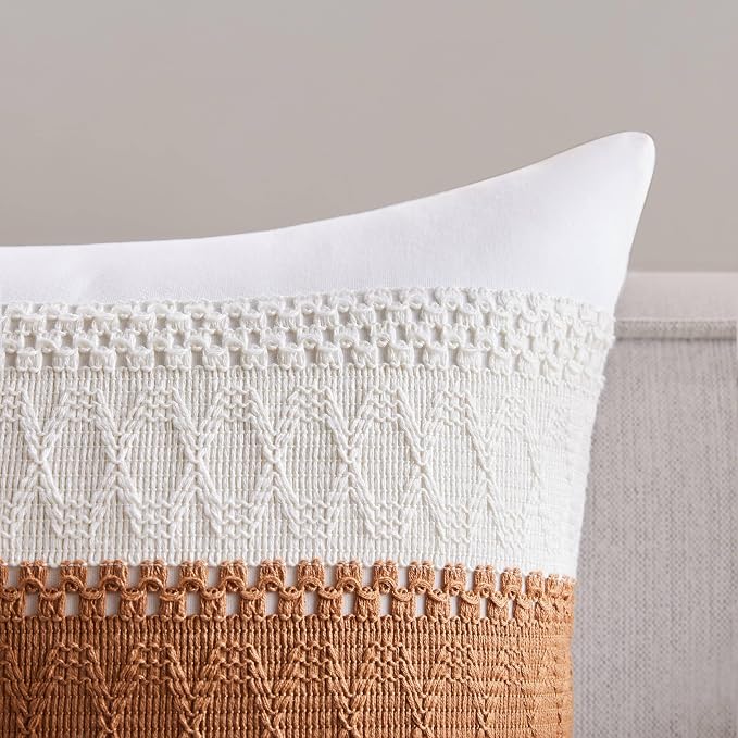 2pk Boho Pillow Covers 18x18, Natural White/Contrast/Caramel | 100% Organic Cotton Body, Stripe Embroidery, Farmhouse Decorative Cushion Covers for Sofa Bed Living Room Home Decor