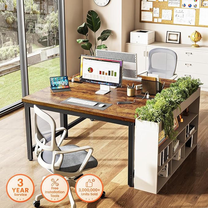 Huuger 48 x 24 inch Desk with Power Outlets & USB-C, Deeper & Thicker Desktop, Robust Metal Tubes, Computer Desk, Heavy Duty Office Desk, Work Gaming Desk for Home Office, Rustic Brown
