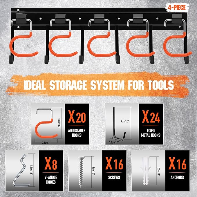 ELEAD 68'' All Metal Adjustable Garden Tool Organizer: Garage Tool Organizer Wall Mount with Orange Hooks, Garage Organizers and Storage, Tool Hangers for Shed