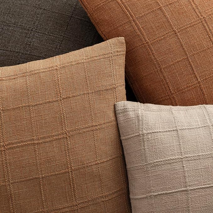 Foindtower Set of 2 Decorative Linen Check Throw Pillow Covers Neutral Farmhouse Vintage Cushion Covers Cozy Modern Boho Home Decor for Sofa Chair Couch Bedroom Living Room,14×36 Inch,Brick