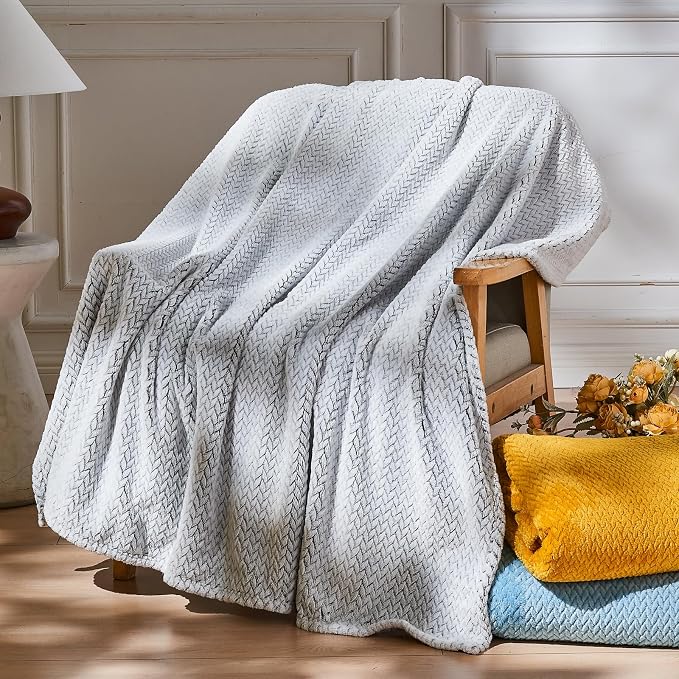 NEWCOSPLAY Fleece Leaves Pattern Twin Blanket, Frosty Dark Grey, 60"x80" | Super Soft Throw Blanket, Lightweight Cozy Bed Sofa Blanket, Premium Silky Flannel Fleece, Travel Blanket for All Season Use