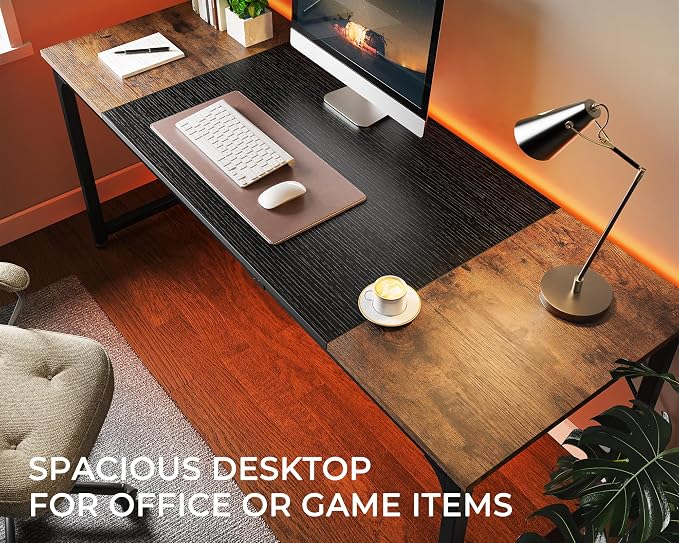 Huuger Computer Desk, 70 Inch Office Desk, Gaming Desk with Storage, Writing Desk Work Desk for Home Office, Study, Long Simple Desk, Large Legroom, Metal Frame, Rustic Brown and Black