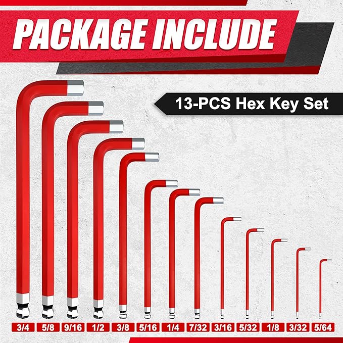 13PCS Jumbo Allen Wrench Set, SAE 5/64“-3/4”, Precision Hex Key Set, S2, RED, Jumbo Hex Key Allen Wrench Set for Professional Use