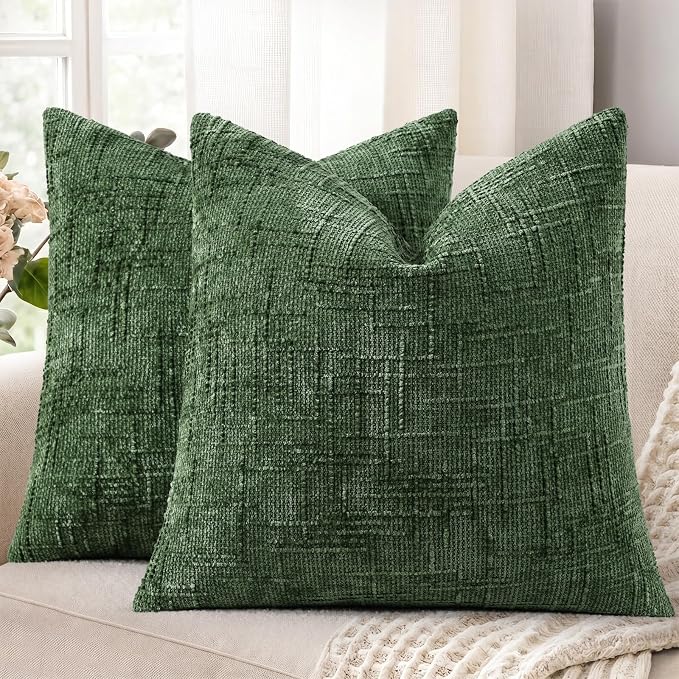 decorUhome Textured Chenille Throw Pillow Covers 26x26 Set of 2 Emerald | Fall Modern Farmhouse Soft Cozy Slubby Couch Pillow Cases Boho Decorative Pillow Cases for Bed Sofa Living Room Home Decor