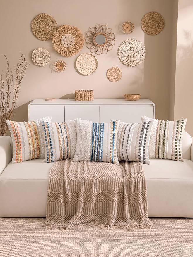 Boho Chenille Tufted Couch Throw Pillow Covers 18x18 Inch Set of 2 Farmhouse Striped Decorative Pillow Covers Accent Neutral Square Pillowcase Green Cushion Covers for Livingroom Sofa Bed