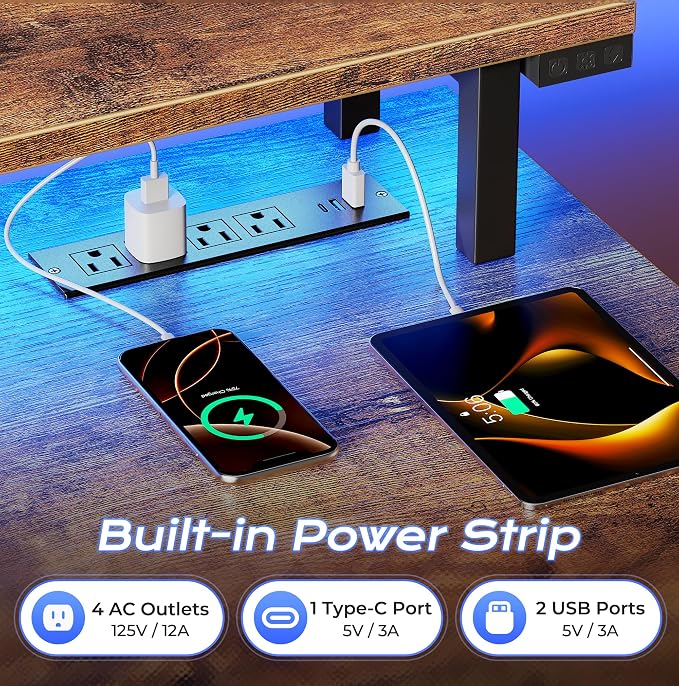 PRAISUN 48 inch Gaming Desk, LED & Outlets, Monitor Stand, Rustic Brown | Sturdy PC Desk for Home Office, Study & Work, LED Lights, 4 AC Outlets & USB-C Charging Station