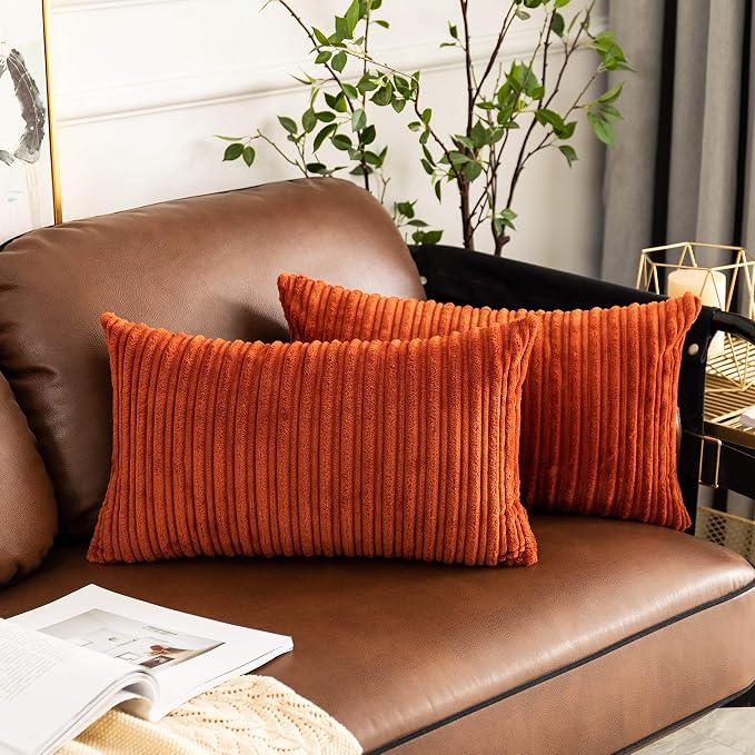 UGASA Fall Pack of 2 Velvet Pillow Covers Striped, Soft Textured Throw Cushion Case Set Corduroy Lumbar Pillowcases with Hidden Zipper for Home Decor Indoor Outdoor (12"x20", Burnt Brick)