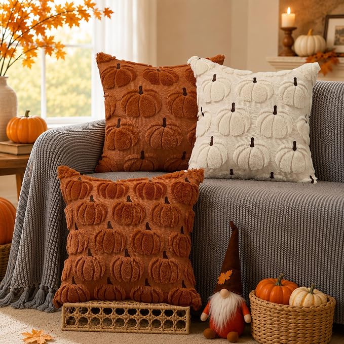 DFXSZ Fall Pillow Covers 20x20 2Pcs Beige Brown Pumpkin Fall Decorations | Fall decor Set of 2 Throw Pillow Cases Soft Plush Faux Fur Wool Couch Cushion for Chair Sofa Bedroom Living Room Home Decor