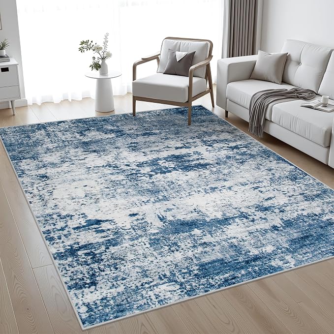5x7 Area Rug Living Room Rug: Washable Modern Abstract Soft Thin Rug Indoor Floor No Slip Stain Resistant Carpet for Bedroom Dining Room Farmhouse Nursery Home Office - Blue