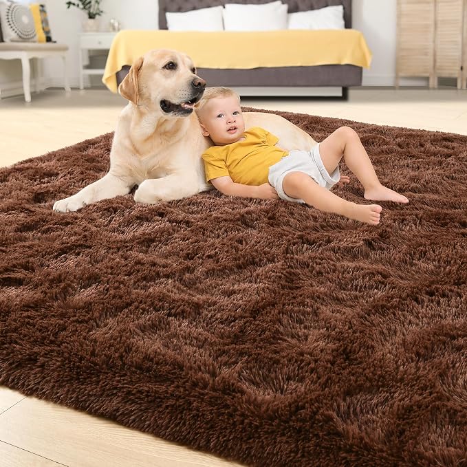 Tepook 4x6 Brown Area Rugs for Living Room Bedroom, Soft Fluffy Plush Shaggy Girls Boys Kids Room Rug, Shag Upgrade Non-Slip Throw Carpet for Dorms Nursery Classroom Home Decor