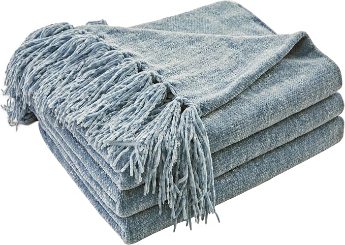 CozeCube Chenille Throw Blanket, Dusty Blue Fringe Blanket, 50"X60" | For Couch, Cozy Plush Fuzzy Decorative Blanket with Fringe Tassels, Lightweight Throws for Bed Sofa Gift Home Decor