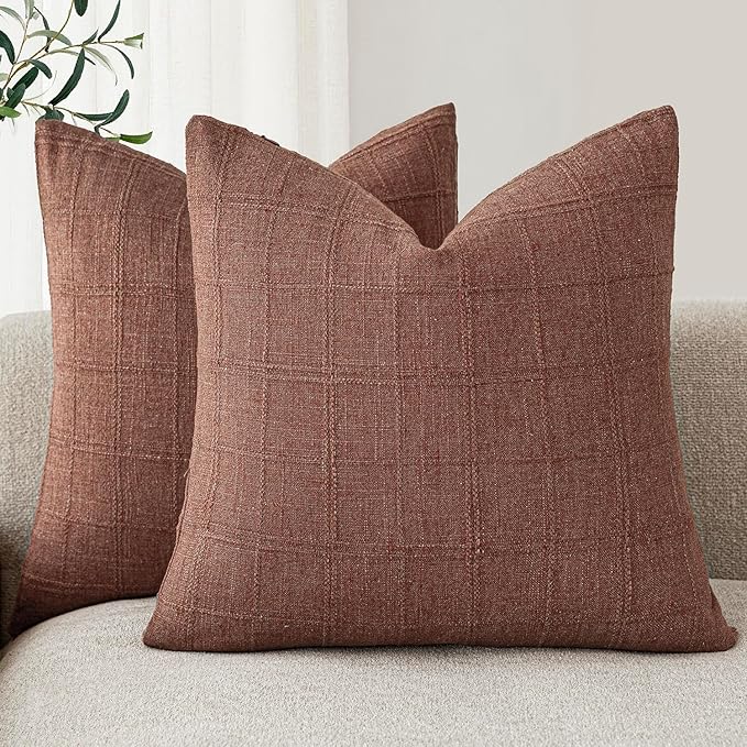 Foindtower Set of 2 Decorative Linen Check Throw Pillow Covers Neutral Farmhouse Vintage Cushion Covers Modern Boho Home Decor for Sofa Chair Couch Bedroom Living Room,24×24 Inch,Autumnal Red