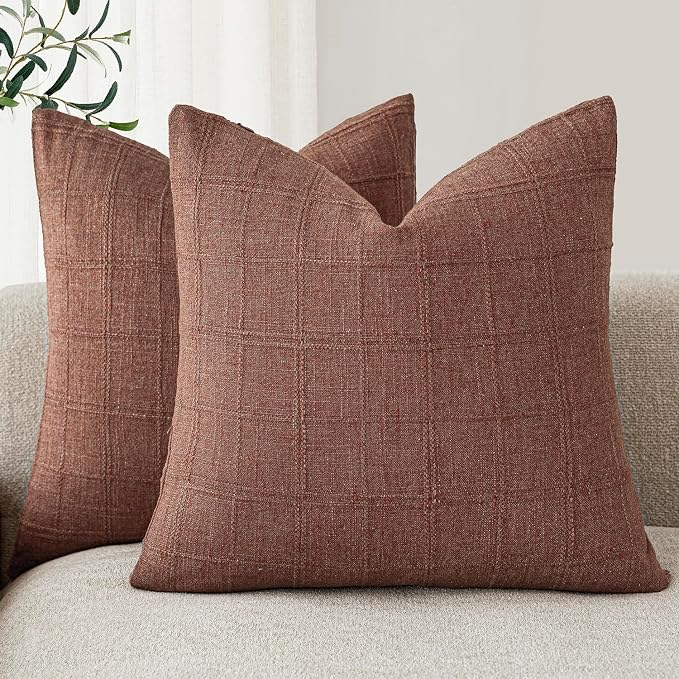 Foindtower Set of 2 Decorative Linen Check Throw Pillow Covers Neutral Farmhouse Vintage Cushion Covers Modern Boho Home Decor for Sofa Chair Couch Bedroom Living Room,20×20 Inch,Autumnal Red