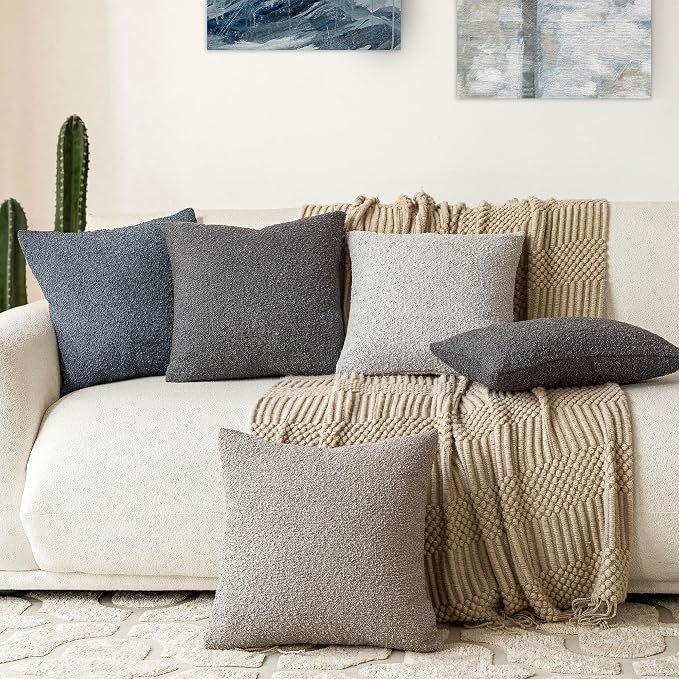 Foindtower Set of 2, Decorative Textured Boucle Throw Pillow Covers Accent Solid Pillow Cases Neutral Soft Cozy Couch Cushion Case for Chair Sofa Bedroom Living Room Home Decor 24 x 24 Inch Dark Grey