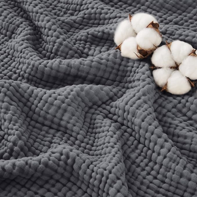 Love's cabin 100% Cotton Muslin Blanket, 6 Layer Lightweight Breathable Gauze Queen Size Blanket 90 x 90 Inches, Soft All Season Blanket for Bed, Dark Grey