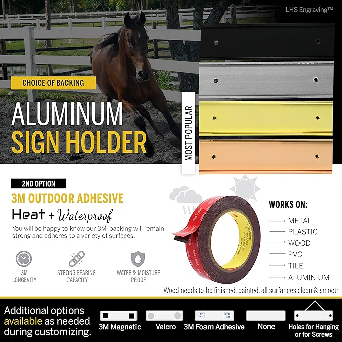 Personalized Horse Stall Name Plates, 2x10 Horse Stall Signs with Adhesive, All Weather UV Protected, Black Plastic Gold Letters - Made in USA - B3