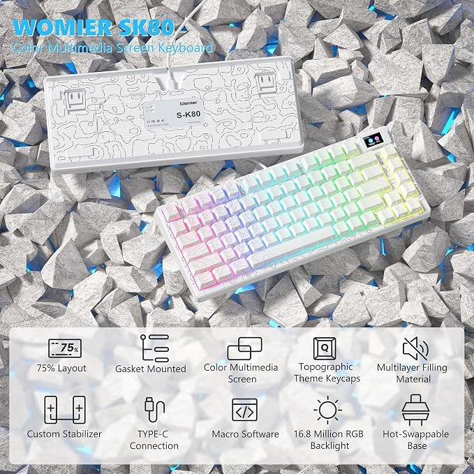 Womier SK80 75% Percent Keyboard Gaming with Color Multimedia Display | Mechanical Keyboard Topographic, Hot Swappable Gasket Mount RGB Creamy Key board Pre-lubed POM Switch for Mac/Win,White