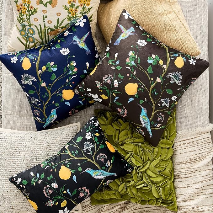 MUSSEL Brown Velvet Floral Decorative 16x16 Pillow Covers Set of 2 | Soft Durable and Sturdy,Bird Plant,Throw Pillows Case,Square,Colorful Modern Cushion Covers,Home Sofa Bed Couch Decor