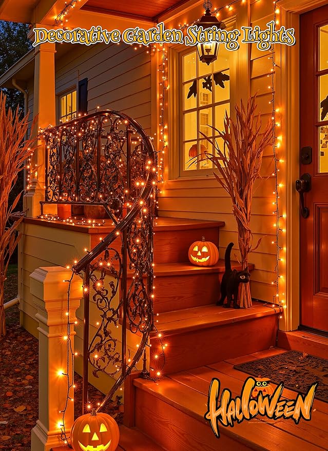 Brightown 4 Pack Solar Halloween Lights, Total 184FT 480 LED Solar String Lights Outdoor Waterproof Black Wire with 8 Modes, Solar Fairy Light for Garden Yard Patio Party Decors, Orange