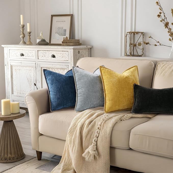 decorUhome Soft Chenille Throw Pillow Covers 22x22 Set of 2 Black | Fall Textured Decorative Throw Pillow Cases Stitched Edge Modern Farmhouse Luxury Boho Velvet for Couch Sofa Bed Home Decor