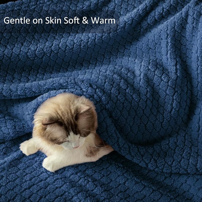 Exclusivo Mezcla Soft Fleece Queen Size Blanket for Bed, Navy Blue | Jacquard Lightweight Cozy Bed Blanket, Breathable Decorative Fuzzy Textured All Season Use, 90x90 Inches