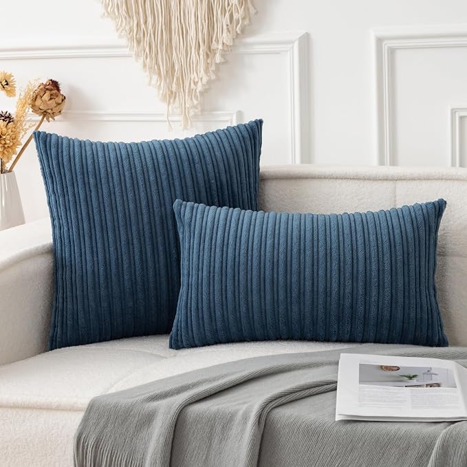 UGASA Velvet 12x20 Inch Lumbar Soft Throw Pillow Cover Boho Farmhouse Decorative Corduroy Striped Both Sides Solid Rectangular Cushion Case for Couch Bedroom Sofa Home, 1 Piece, Dusty Blue