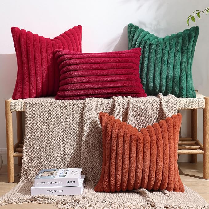 decorUhome Fall Faux Fur Throw Pillow Covers 24x24 Set of 2 Red | Decorative Soft Cozy Striped Plush Modern Farmhouse Boho Couch Pillow Cases Velvet Back for Sofa Bed Living Room Home Decor
