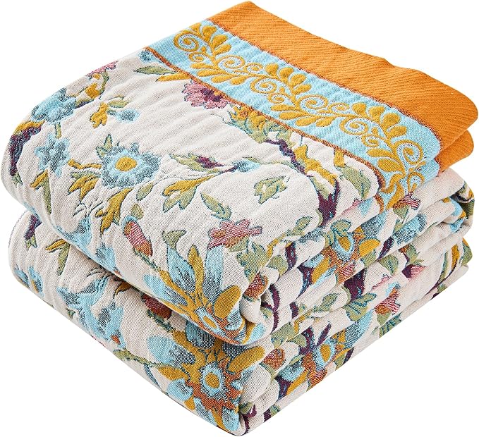 VANJOROY King Boho Throw Blanket, 100% Organic Cotton Breathable Skin-Friendly Ultra Soft 91" x 98" Bed Quilt Throw - Floral Rustic Decor Luxury Reversible Blanket for Sofa Couch Chair and Gift