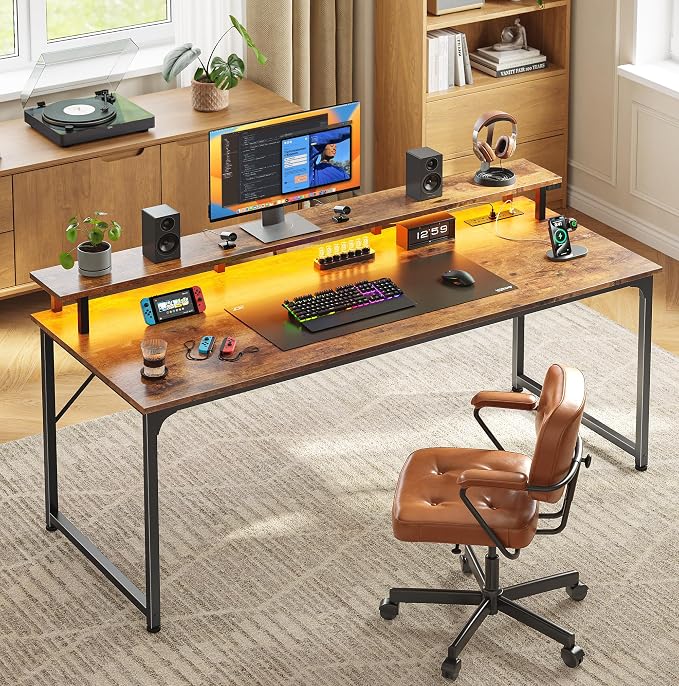 PRAISUN 55 inch Gaming Desk, LED & Outlets, Monitor Stand, Rustic Brown | Sturdy PC Desk for Home Office, Study & Work, LED Lights, 4 AC Outlets & USB-C Charging Station