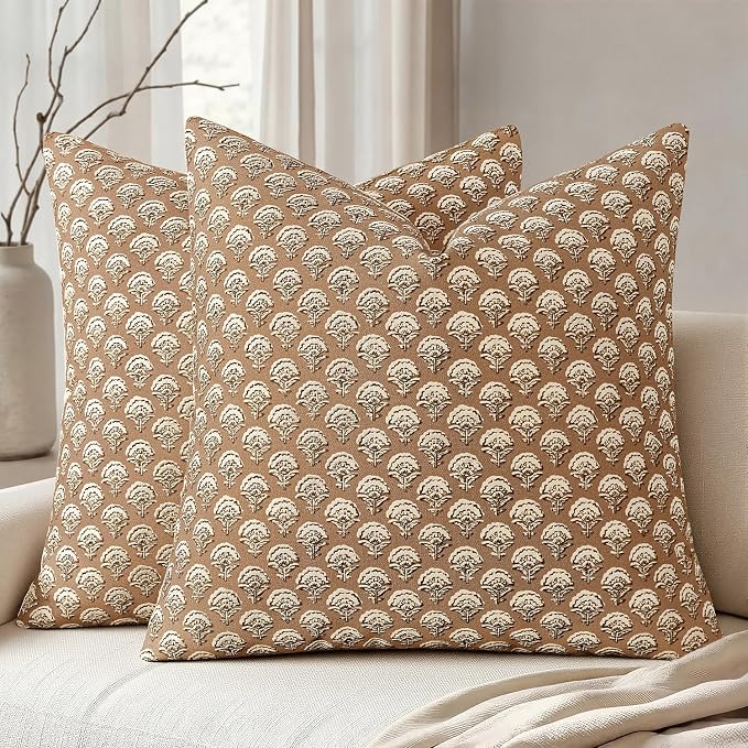 MIULEE Floral Print Decorative Pillow Covers 18x18, Cognac | Vintage Boho Farmhouse Modern Home Decor, Set of 2, Block Print Cushion Covers for Couch Sofa Bed Living Room