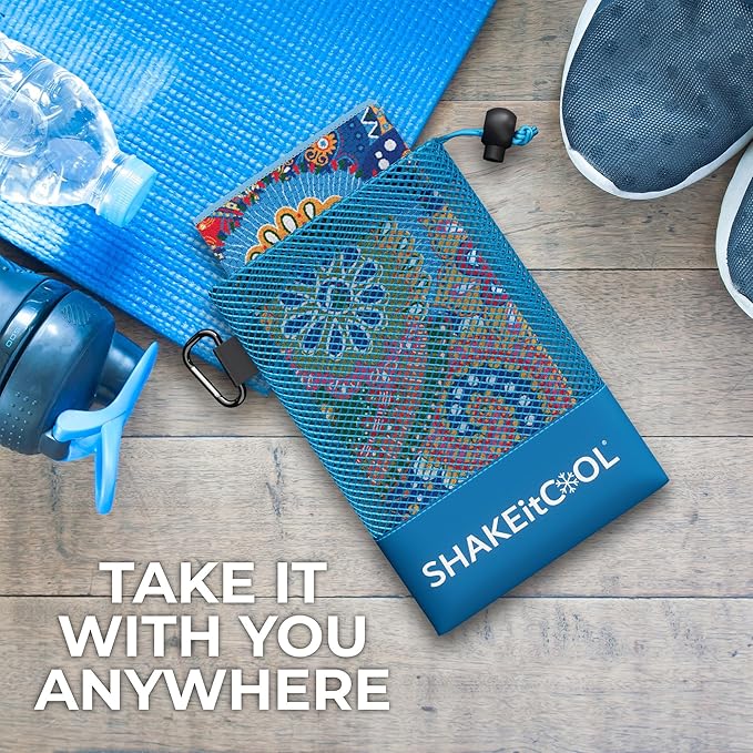 SHAKEitCOOL Extended Size Cooling Towel – Be Cool in Style - Heat Relief, Soft, Lightweight, Sun Protection, Easy Clean - Perfect for Biking, Hiking, Running, Yoga, Golf, Gardening - Bright Paisley M